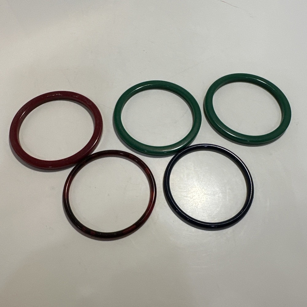 5 Vintage Bangle Bracelets 2 Green, 2 Red, 1 Blue 2 3/4 Dia